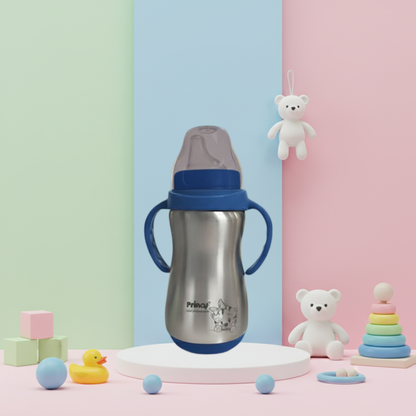 Princy Stainless Steel Water Bottle for Kids with Handle – Wide Neck Silicone Nipple – Steel Baby Bottle, 6+ Months