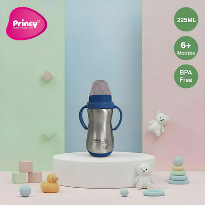 Princy Stainless Steel Water Bottle for Kids with Handle – Wide Neck Silicone Nipple – Steel Baby Bottle, 6+ Months