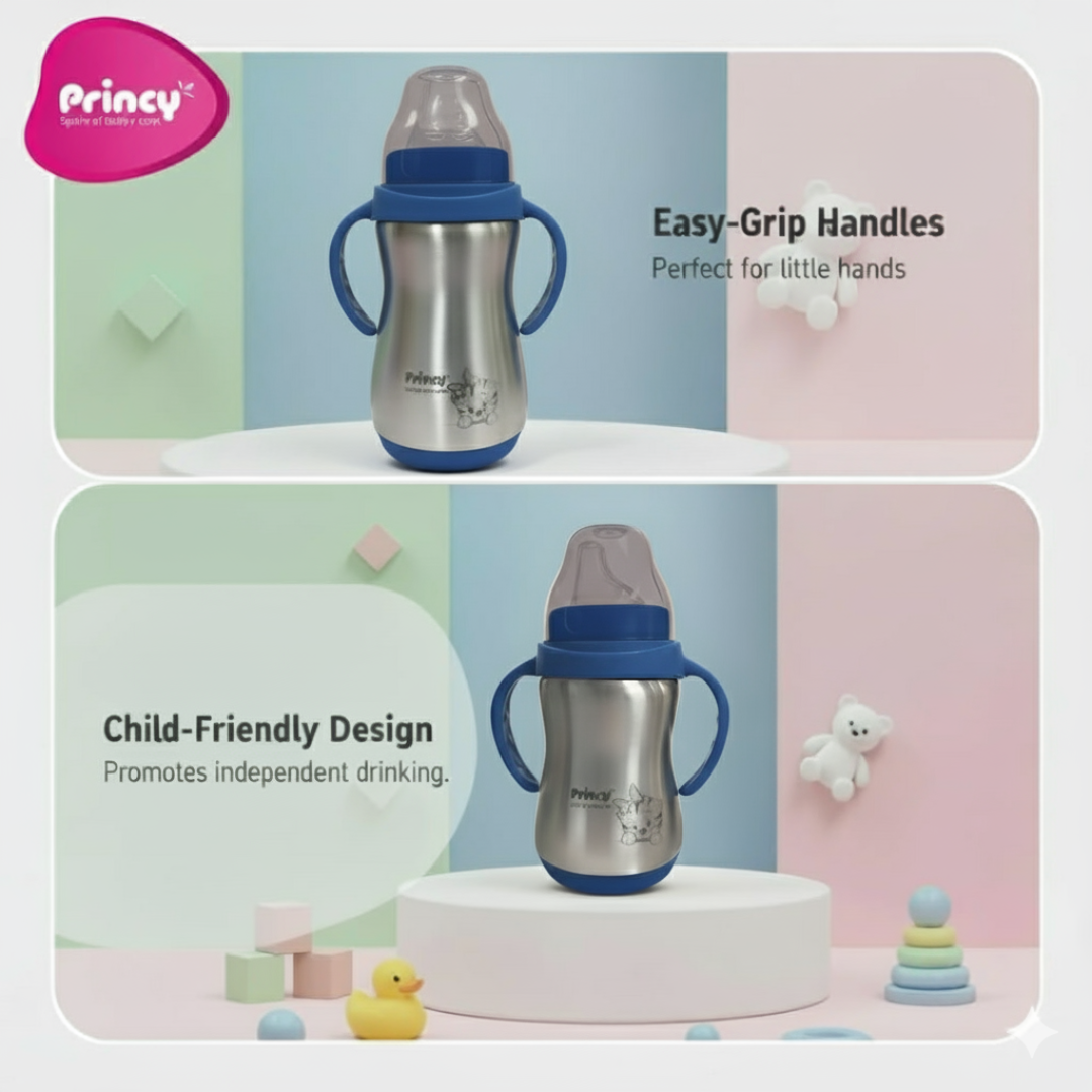 Princy Stainless Steel Water Bottle for Kids with Handle – Wide Neck Silicone Nipple – Steel Baby Bottle, 6+ Months