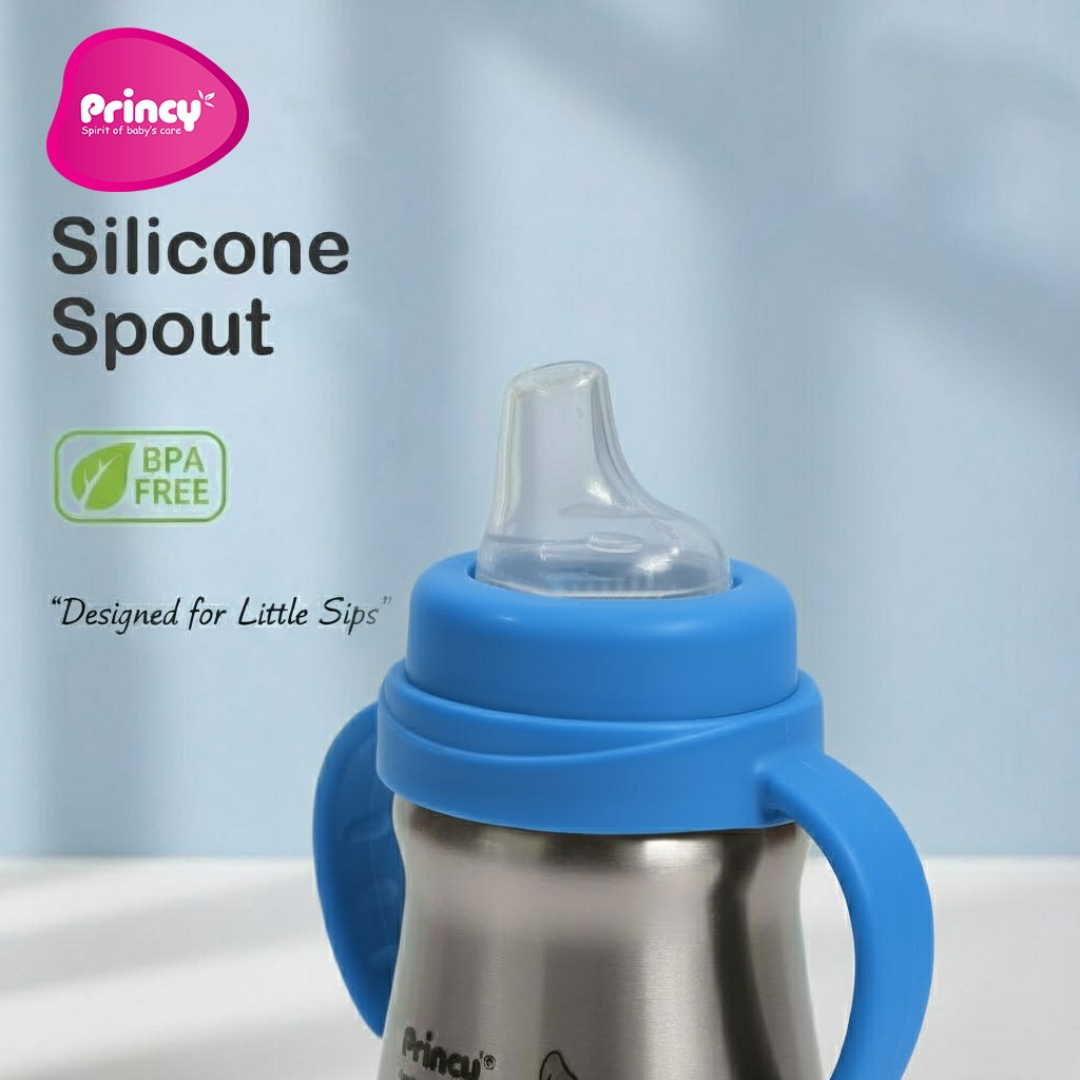 Princy Stainless Steel Water Bottle for Kids with Handle – Wide Neck Silicone Nipple – Steel Baby Bottle, 6+ Months