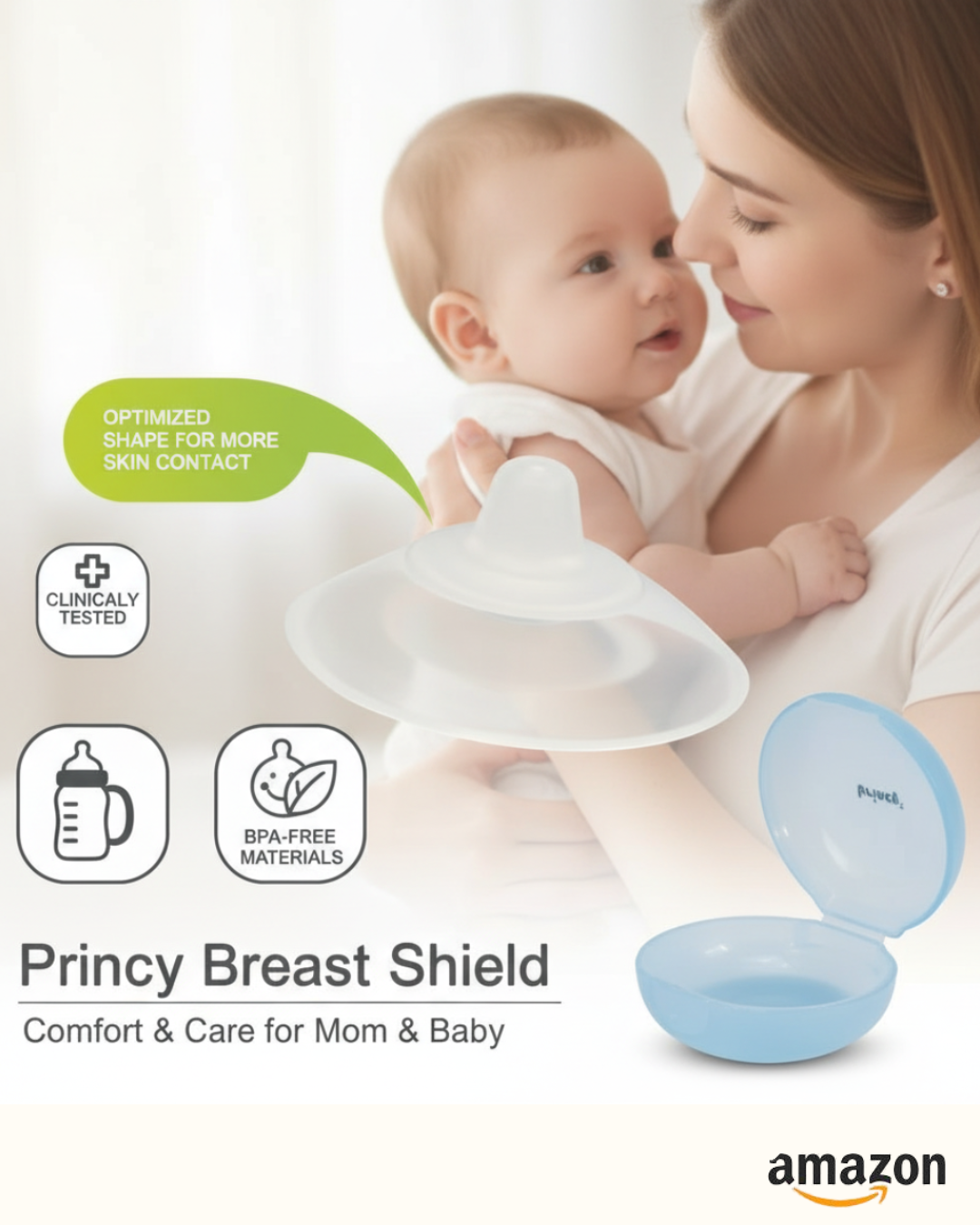 Princy 2pcs Silicone Breast Shields with Protective Cases  | Promotes Skin Contact | Clinically Tested & BPA-Free | 2-Pack (Standard Size)