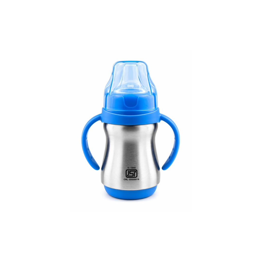 Princy Stainless Steel Water Bottle for Kids with Handle – Wide Neck Silicone Nipple – Steel Baby Bottle, 6+ Months