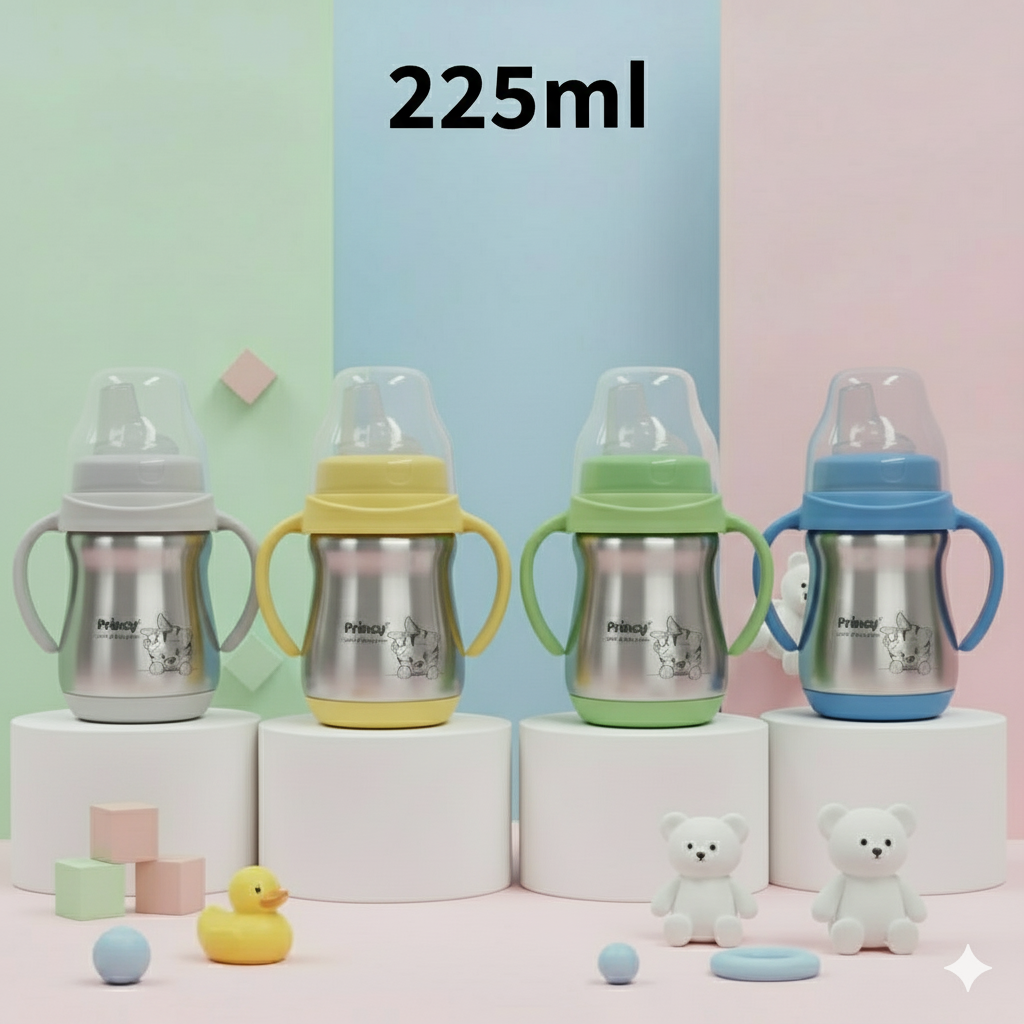 Princy Stainless Steel Water Bottle for Kids with Handle – Wide Neck Silicone Nipple – Steel Baby Bottle, 6+ Months (Blue) - Image 3