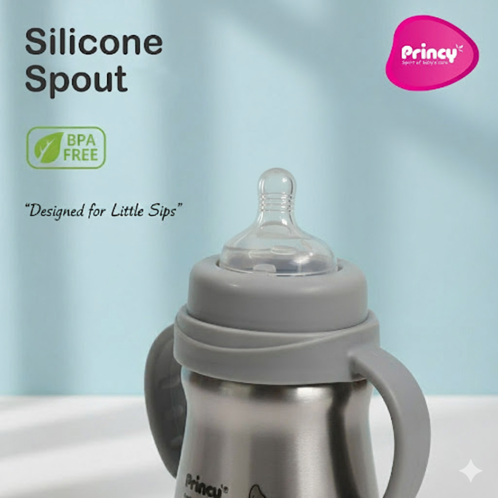 Princy Stainless Steel Water Bottle for Kids with Handle – Wide Neck Silicone Nipple – Steel Baby Bottle, 6+ Months (Blue) - Image 6