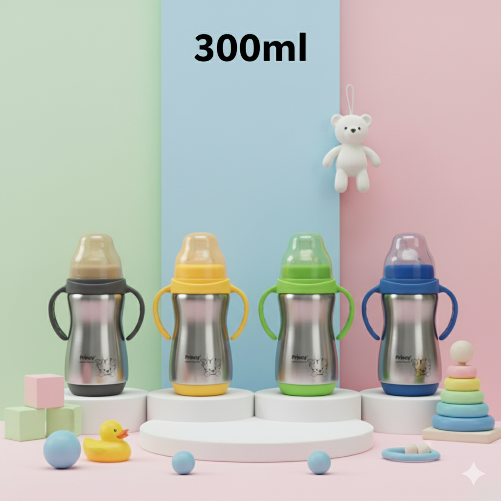 Princy Stainless Steel Water Bottle for Kids with Handle – Wide Neck Silicone Nipple – Steel Baby Bottle, 6+ Months (Blue) - Image 4