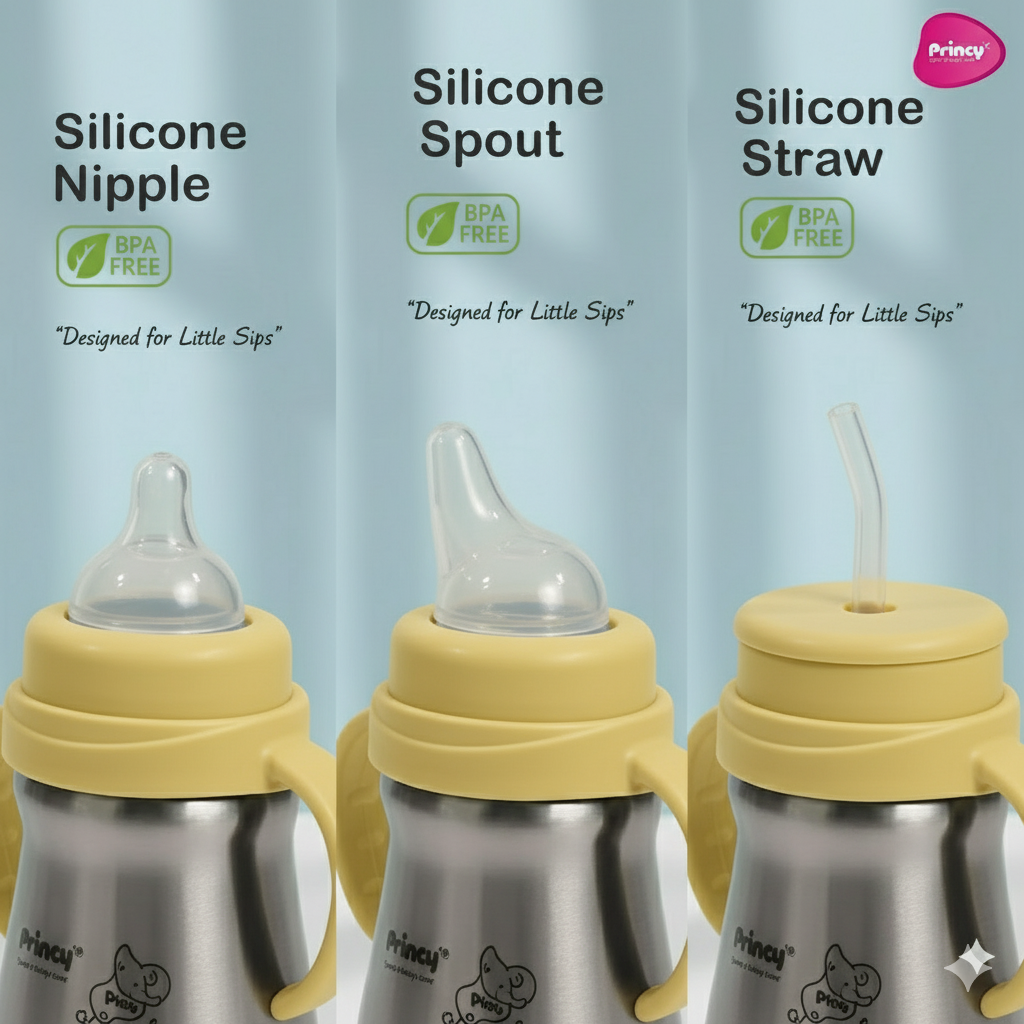 Princy Stainless Steel Water Bottle for Kids with Handle – Wide Neck Silicone Nipple – Steel Baby Bottle, 6+ Months (Blue) - Image 2