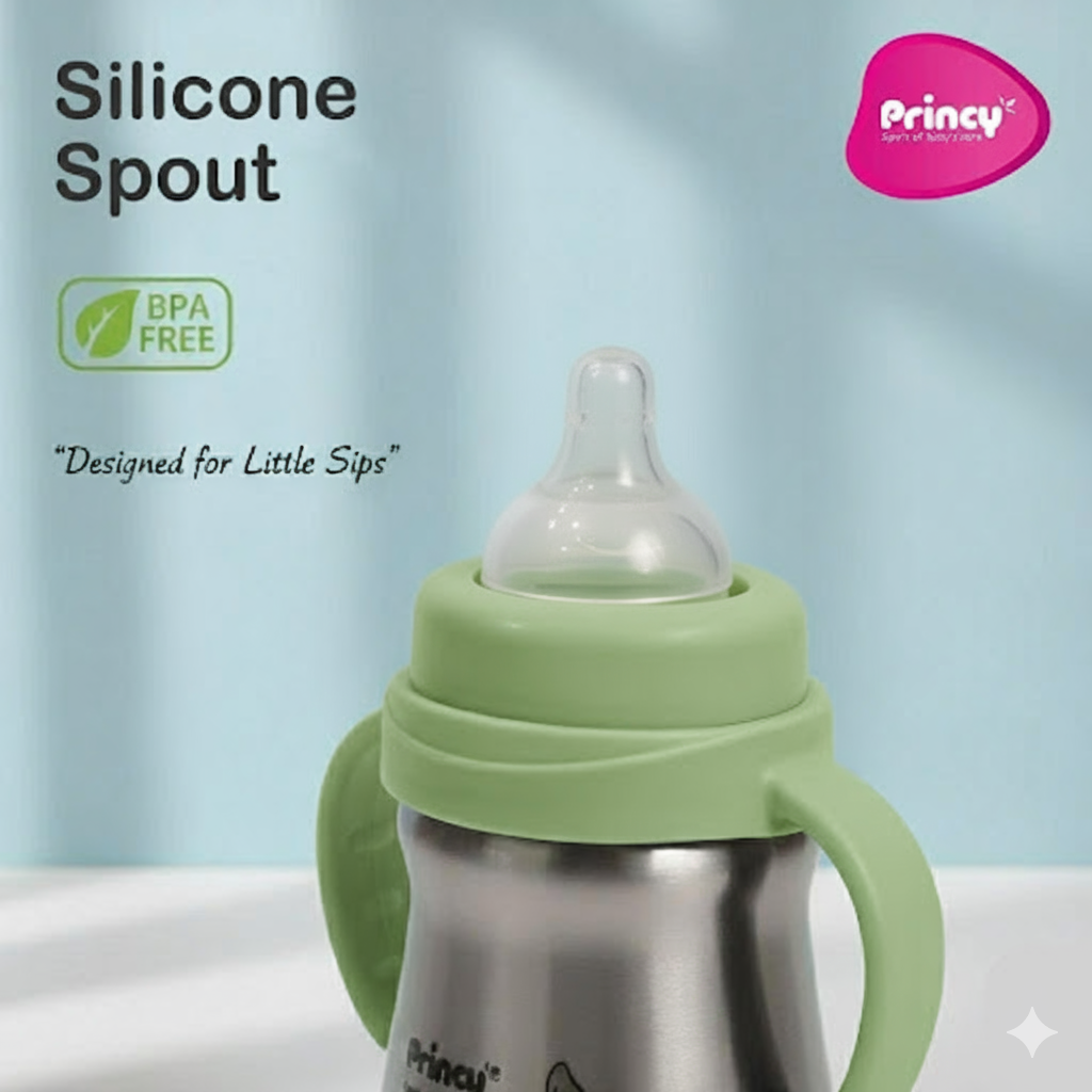 Princy Stainless Steel Water Bottle for Kids with Handle – Wide Neck Silicone Nipple – Steel Baby Bottle, 6+ Months (Blue) - Image 9